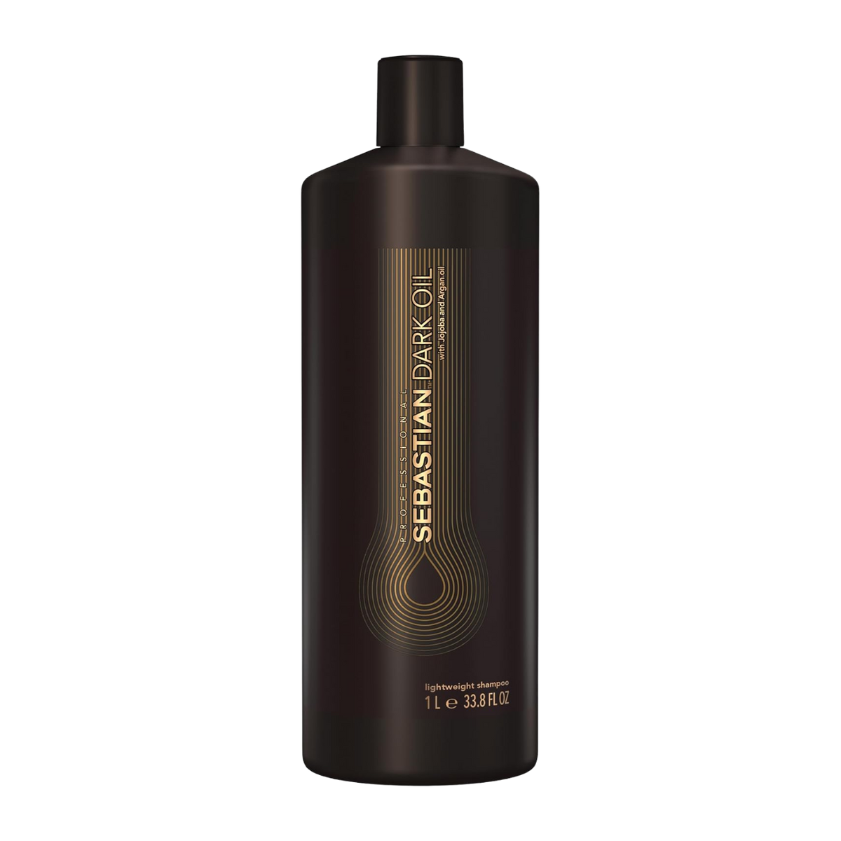 Flacon 500 ml de Sebastian Dark Oil Lightweight Shampoo – nettoyant léger pour cheveux brillants et souples.

