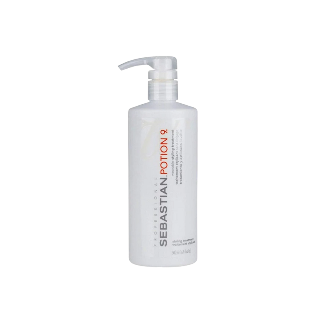 Flacon de 150 ml de Sebastian Potion 9, traitement coiffant sans rinçage pour cheveux nourris et stylisés.
