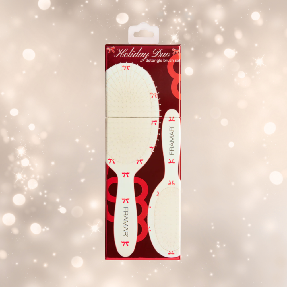 “Set Framar Holiday Duo – brosse démêlante grande + mini motifs rubans et houx”