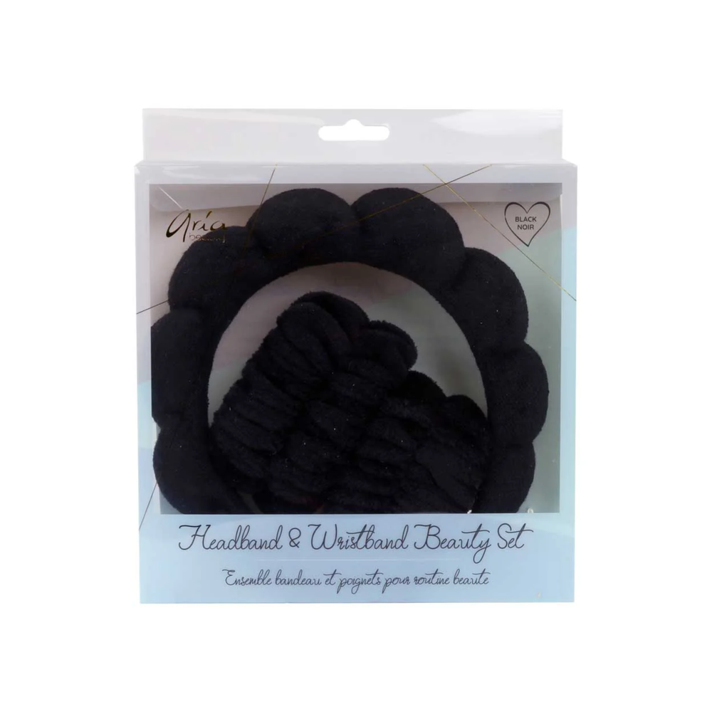 Set Aria Beauty noir – bandeau et bracelets absorbants pour soins visage