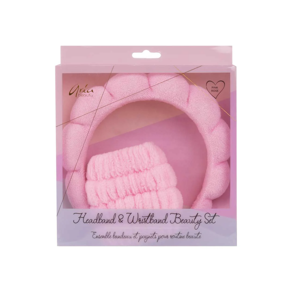 Set Aria Beauty rose – bandeau et bracelets absorbants pour soins visage