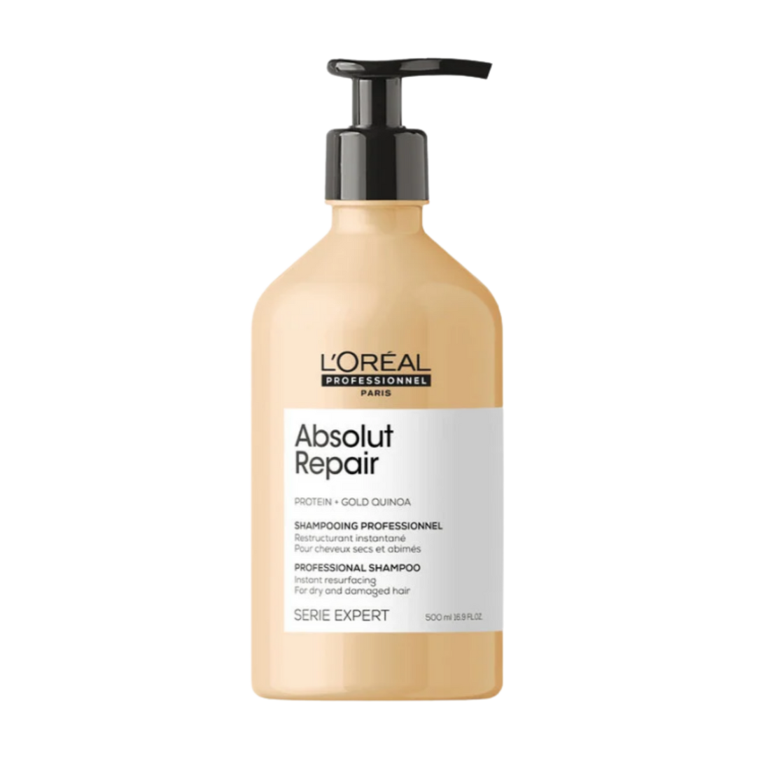 Flacon du Shampoing Restructurant Absolut Repair de L'Oréal Professionnel, soin capillaire pour cheveux très endommagés.