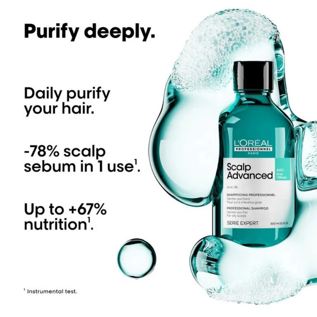Flacon du Shampoing Anti-Gras Scalp Advanced 500 ml de L'Oréal Professionnel, soin purifiant pour cuir chevelu gras.