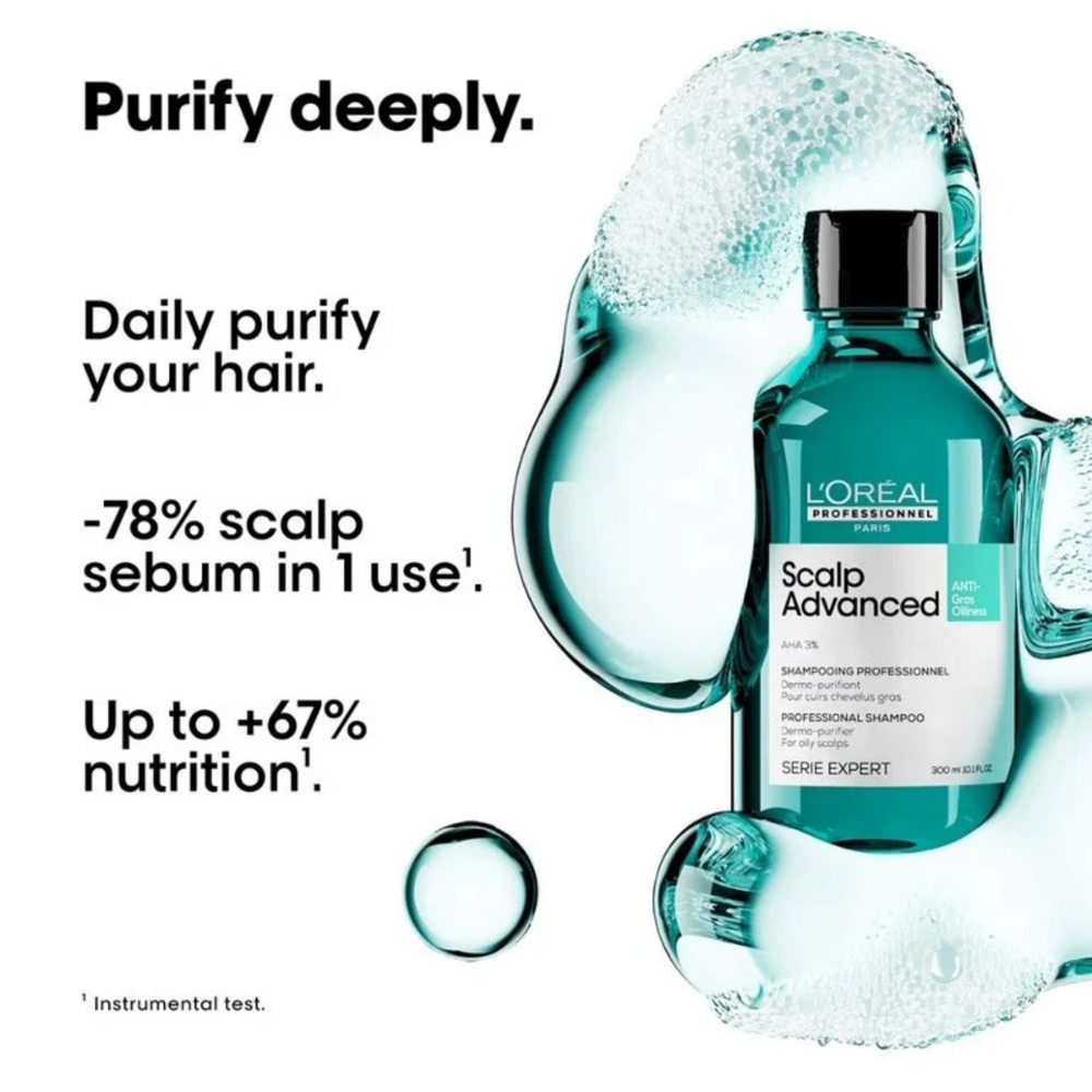 Flacon du Shampoing Anti-Gras Scalp Advanced 500 ml de L'Oréal Professionnel, soin purifiant pour cuir chevelu gras.