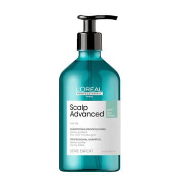 Flacon du Shampoing Anti-Gras Scalp Advanced 500 ml de L'Oréal Professionnel, soin purifiant pour cuir chevelu gras.