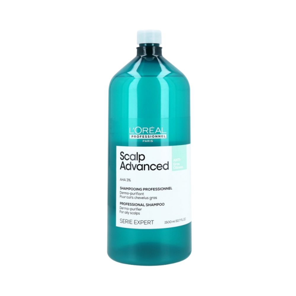 Flacon du Shampoing Anti-Gras Scalp Advanced 500 ml de L'Oréal Professionnel, soin purifiant pour cuir chevelu gras.