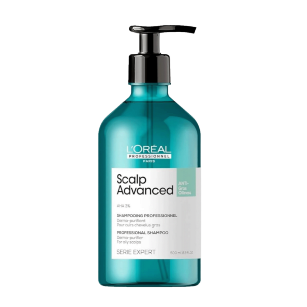 Flacon du Shampoing Anti-Gras Scalp Advanced 500 ml de L'Oréal Professionnel, soin purifiant pour cuir chevelu gras.