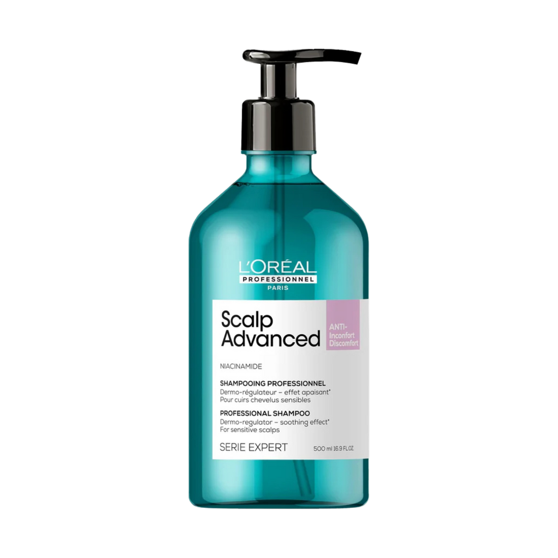 Flacon du Shampoing Dermo-Régulateur Anti-Inconfort Scalp Advanced 500 ml de L'Oréal Professionnel, soin apaisant pour cuir chevelu sensible.