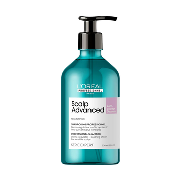 Flacon du Shampoing Dermo-Régulateur Anti-Inconfort Scalp Advanced 500 ml de L'Oréal Professionnel, soin apaisant pour cuir chevelu sensible.
