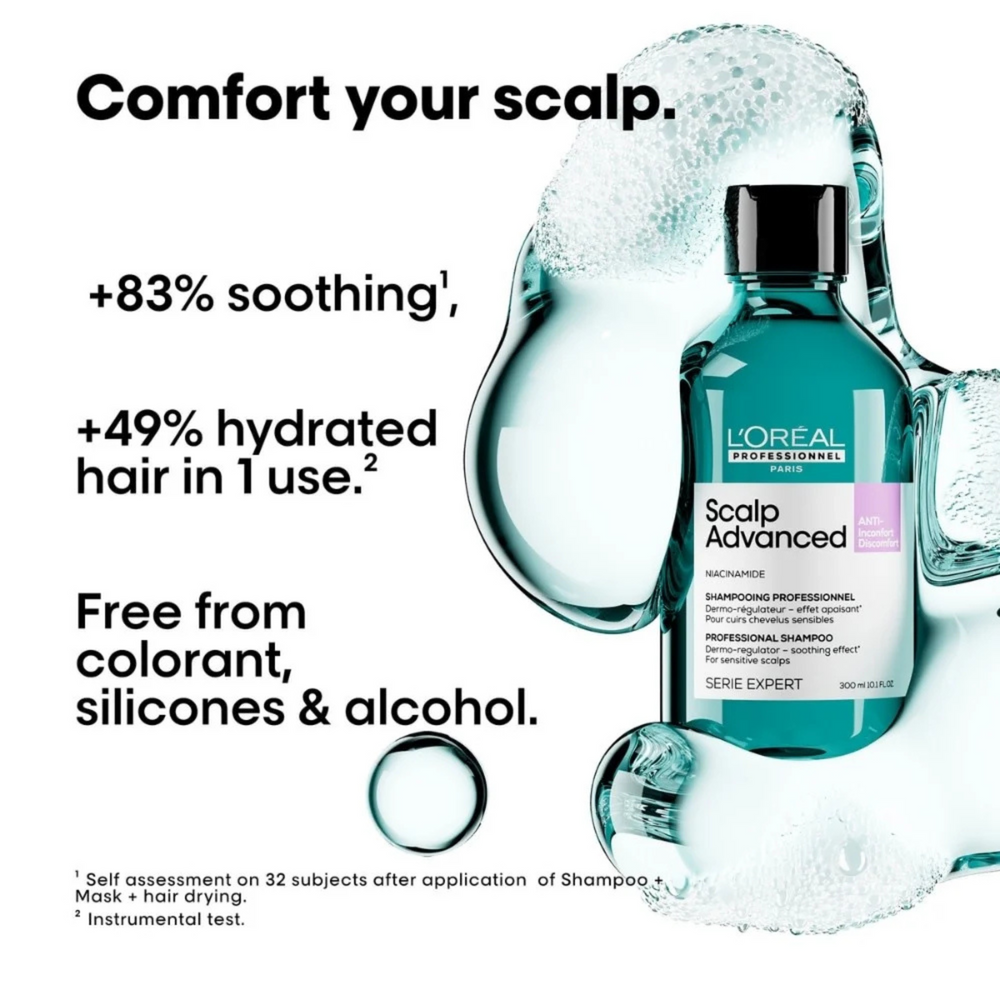 Flacon du Shampoing Dermo-Régulateur Anti-Inconfort Scalp Advanced 500 ml de L'Oréal Professionnel, soin apaisant pour cuir chevelu sensible.