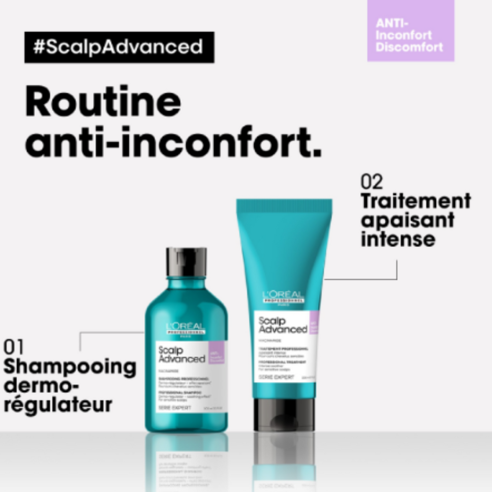 Flacon du Shampoing Dermo-Régulateur Anti-Inconfort Scalp Advanced 500 ml de L'Oréal Professionnel, soin apaisant pour cuir chevelu sensible.
