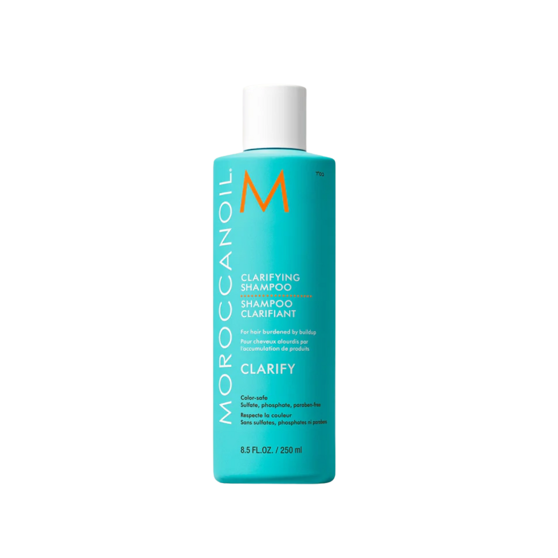Flacon du Shampoing Clarifiant Moroccanoil, nettoie en profondeur les cheveux et le cuir chevelu tout en nourrissant les cheveux colorés

