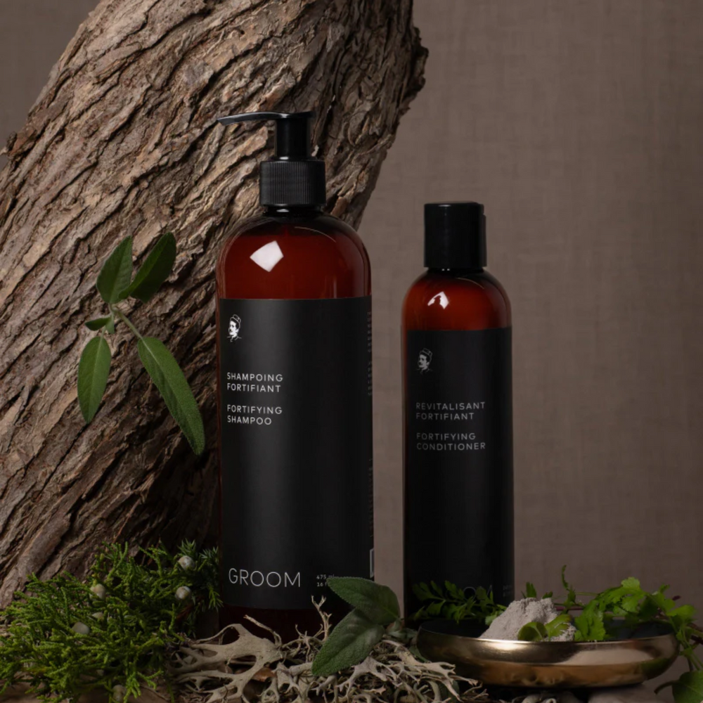 Flacon 240 ml du Shampoing Fortifiant Groom – soin capillaire naturel au riz, argile, jojoba & aloès, parfum agrumes-herbes

