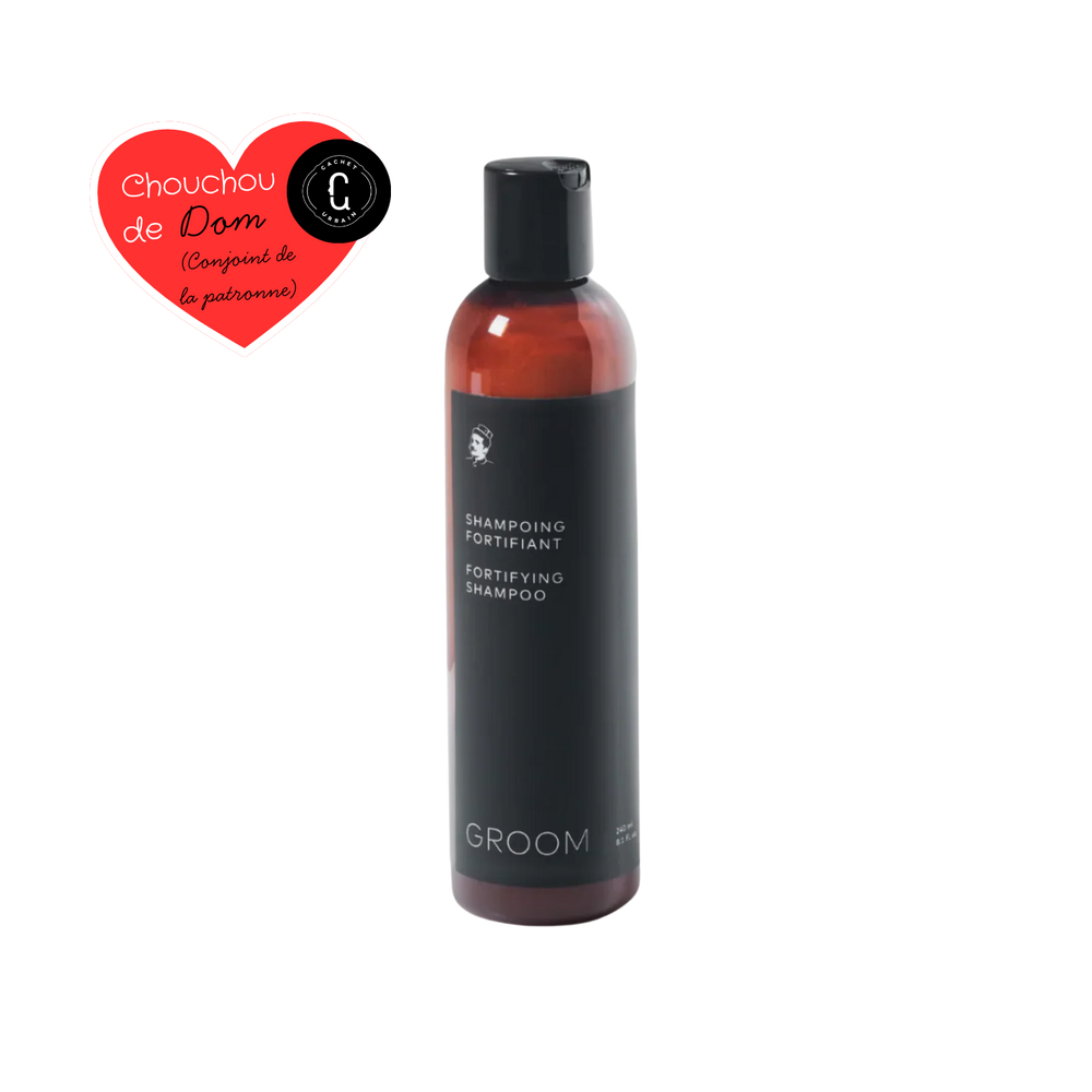 Flacon 240 ml du Shampoing Fortifiant Groom – soin capillaire naturel au riz, argile, jojoba & aloès, parfum agrumes-herbes