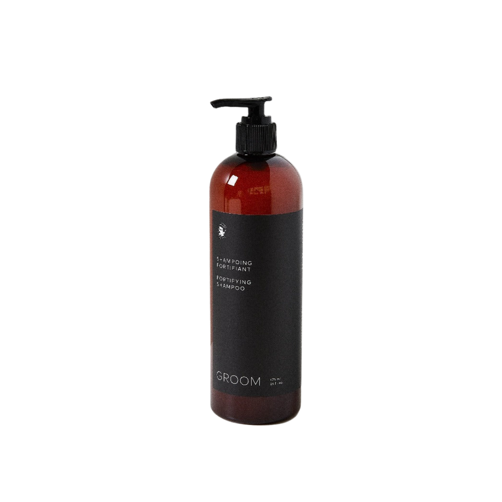 Flacon 475 ml du Shampoing Fortifiant Groom – soin capillaire naturel au riz, argile, jojoba & aloès, parfum agrumes-herbes