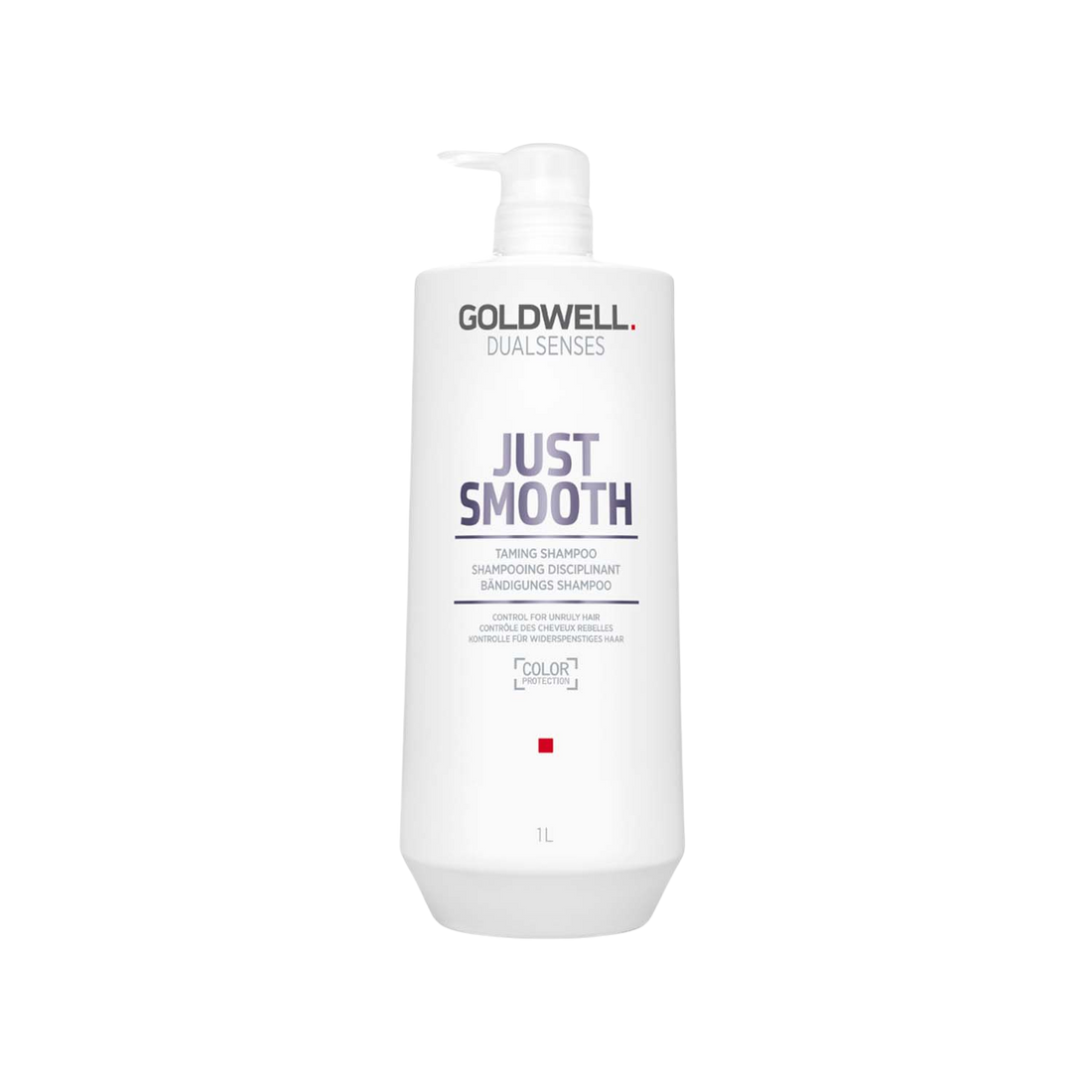 Flacon de 1000 ml du shampoing Goldwell Dualsenses Just Smooth Taming Shampoo pour cheveux indisciplinés