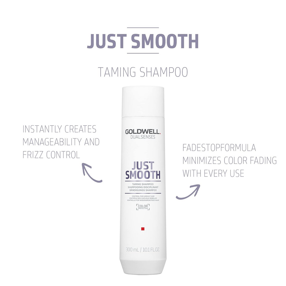 Flacon de 1000 ml du shampoing Goldwell Dualsenses Just Smooth Taming Shampoo pour cheveux indisciplinés
