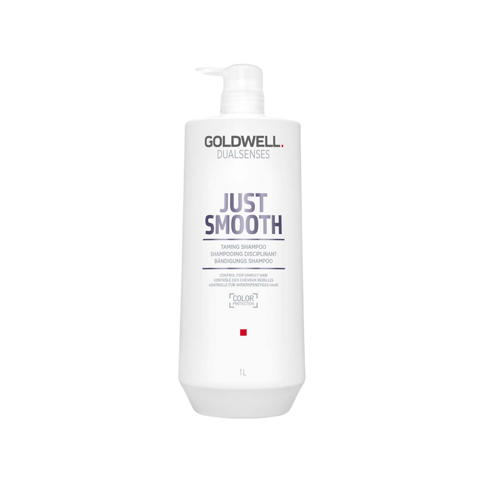Flacon de 1000 ml du shampoing Goldwell Dualsenses Just Smooth Taming Shampoo pour cheveux indisciplinés