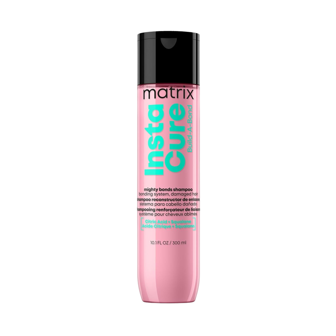 “Flacon de shampoing Instacure Build‑A‑Bond Matrix — étiquette rose pâle avec logo Matrix”