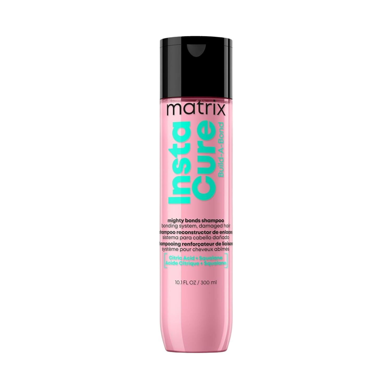 “Flacon de shampoing Instacure Build‑A‑Bond Matrix — étiquette rose pâle avec logo Matrix”