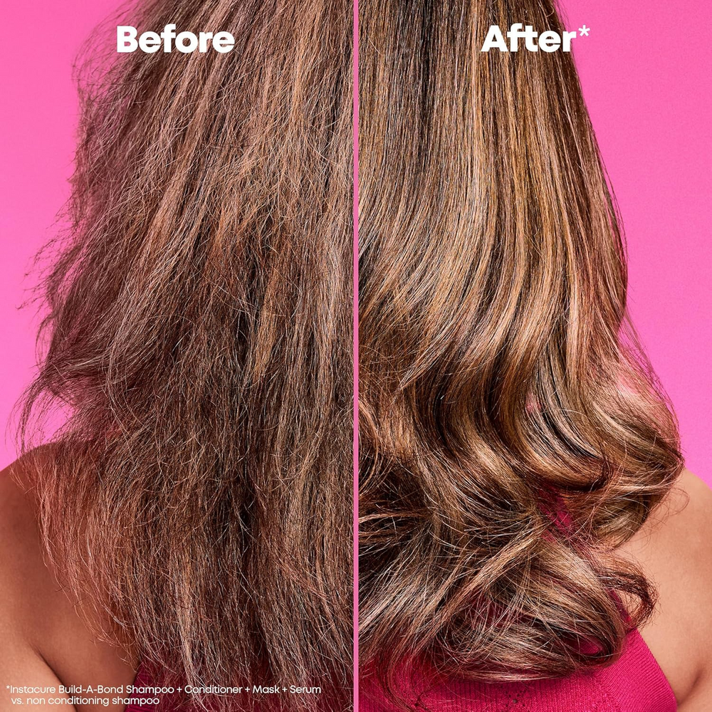 “Flacon de shampoing Instacure Build‑A‑Bond Matrix — étiquette rose pâle avec logo Matrix”