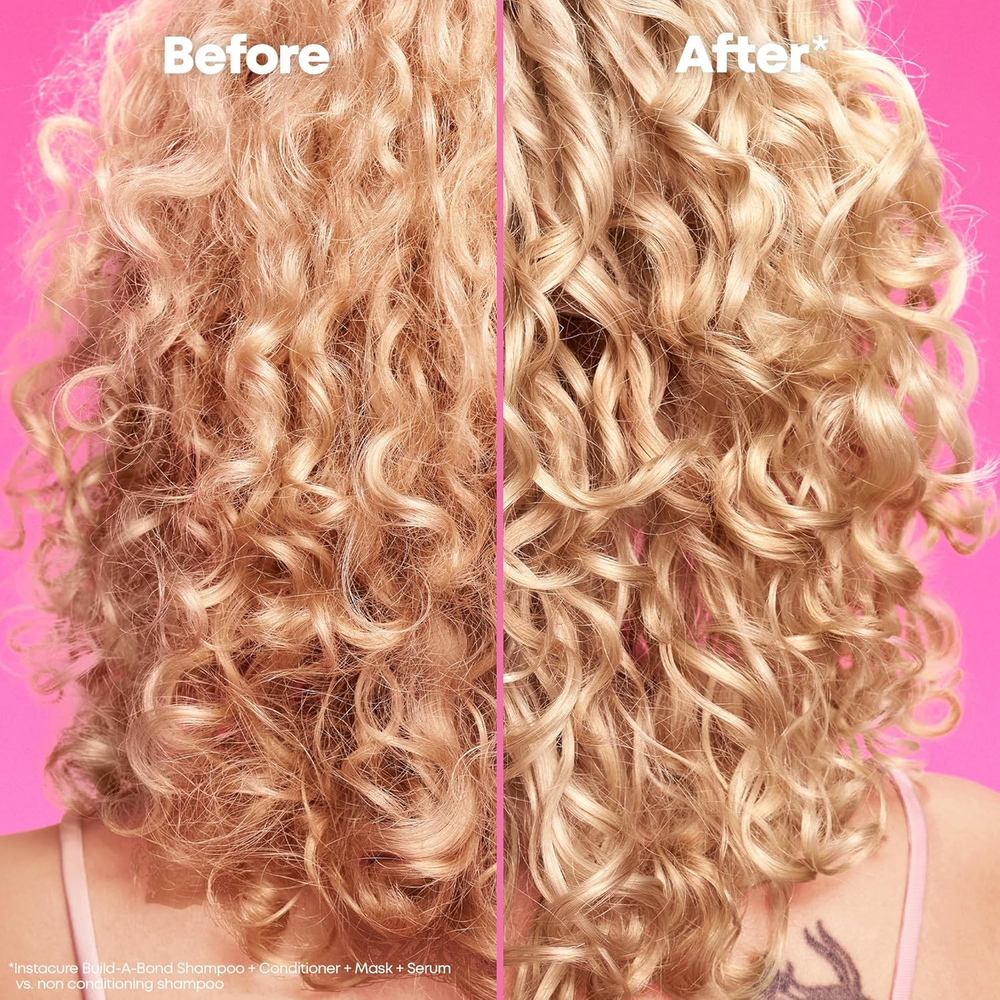 “Flacon de shampoing Instacure Build‑A‑Bond Matrix — étiquette rose pâle avec logo Matrix”