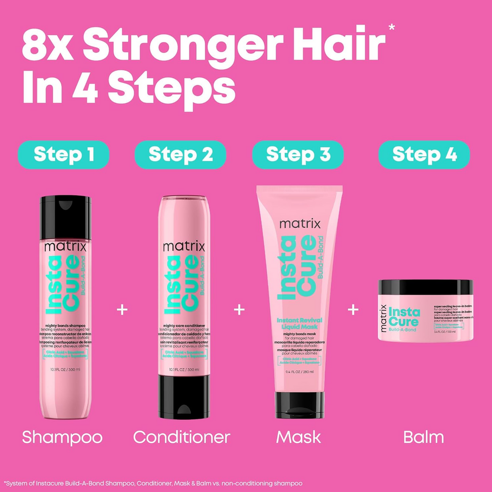 “Flacon de shampoing Instacure Build‑A‑Bond Matrix — étiquette rose pâle avec logo Matrix”