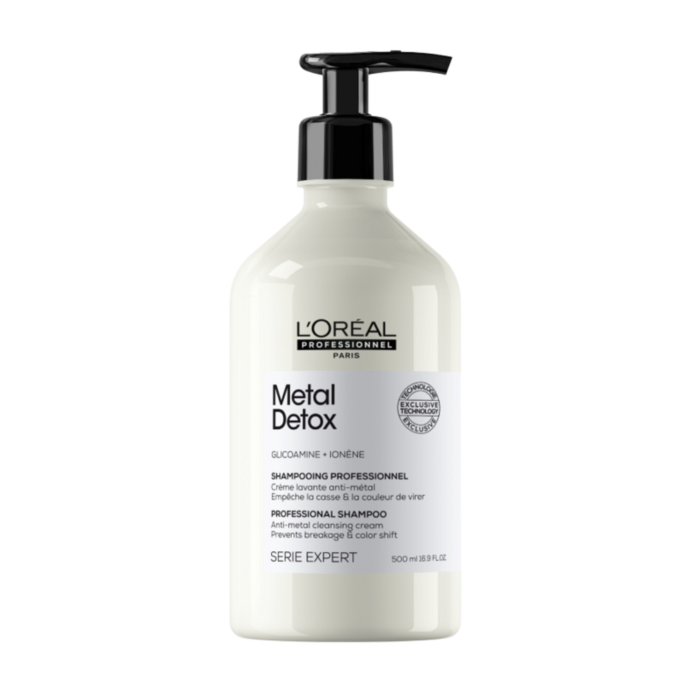 Flacon du Shampoing Metal Detox de L'Oréal Professionnel, soin capillaire anti-métaux pour cheveux colorés.
