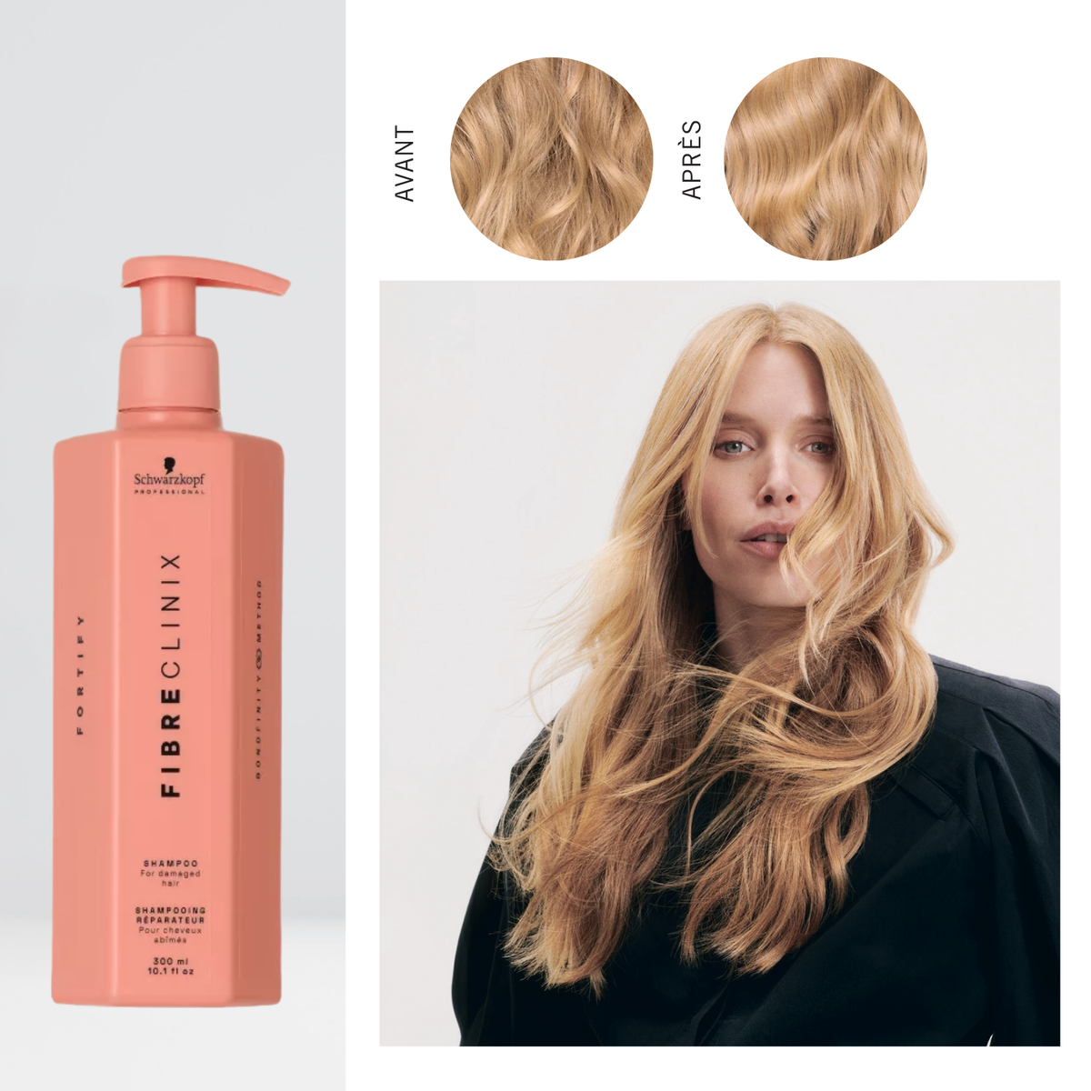 Shampoing Schwarzkopf Professional Fibre Clinix Fortify – shampooing réparateur pour cheveux abîmés et sur‑traités.