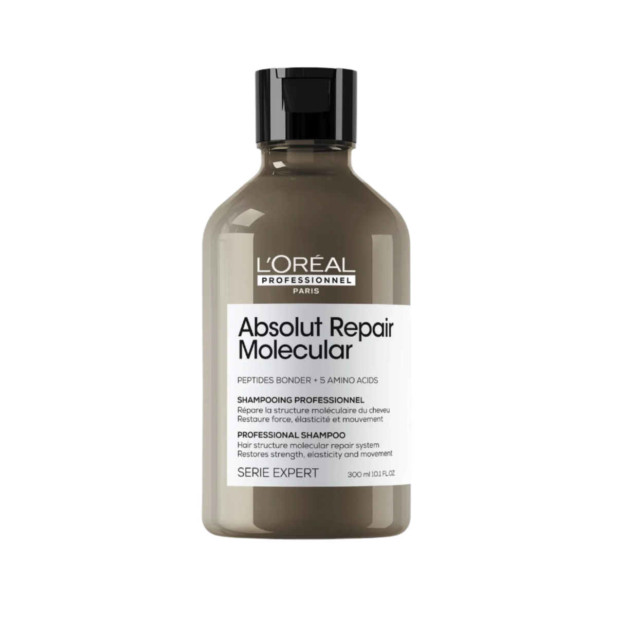 Flacon du Shampoing Réparateur Moléculaire Sans Sulfate Absolut Repair de L'Oréal Professionnel, soin capillaire pour cheveux abîmés.
