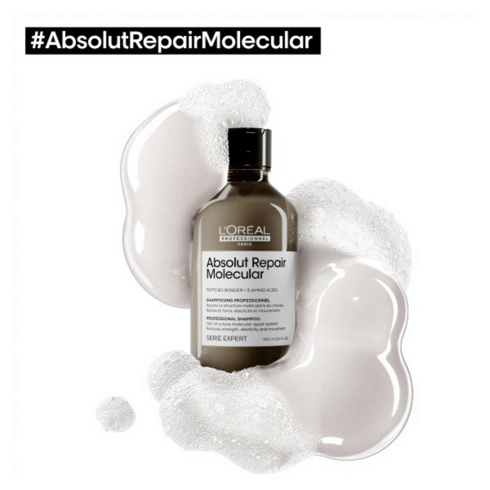 Flacon du Shampoing Réparateur Moléculaire Sans Sulfate Absolut Repair de L'Oréal Professionnel, soin capillaire pour cheveux abîmés.