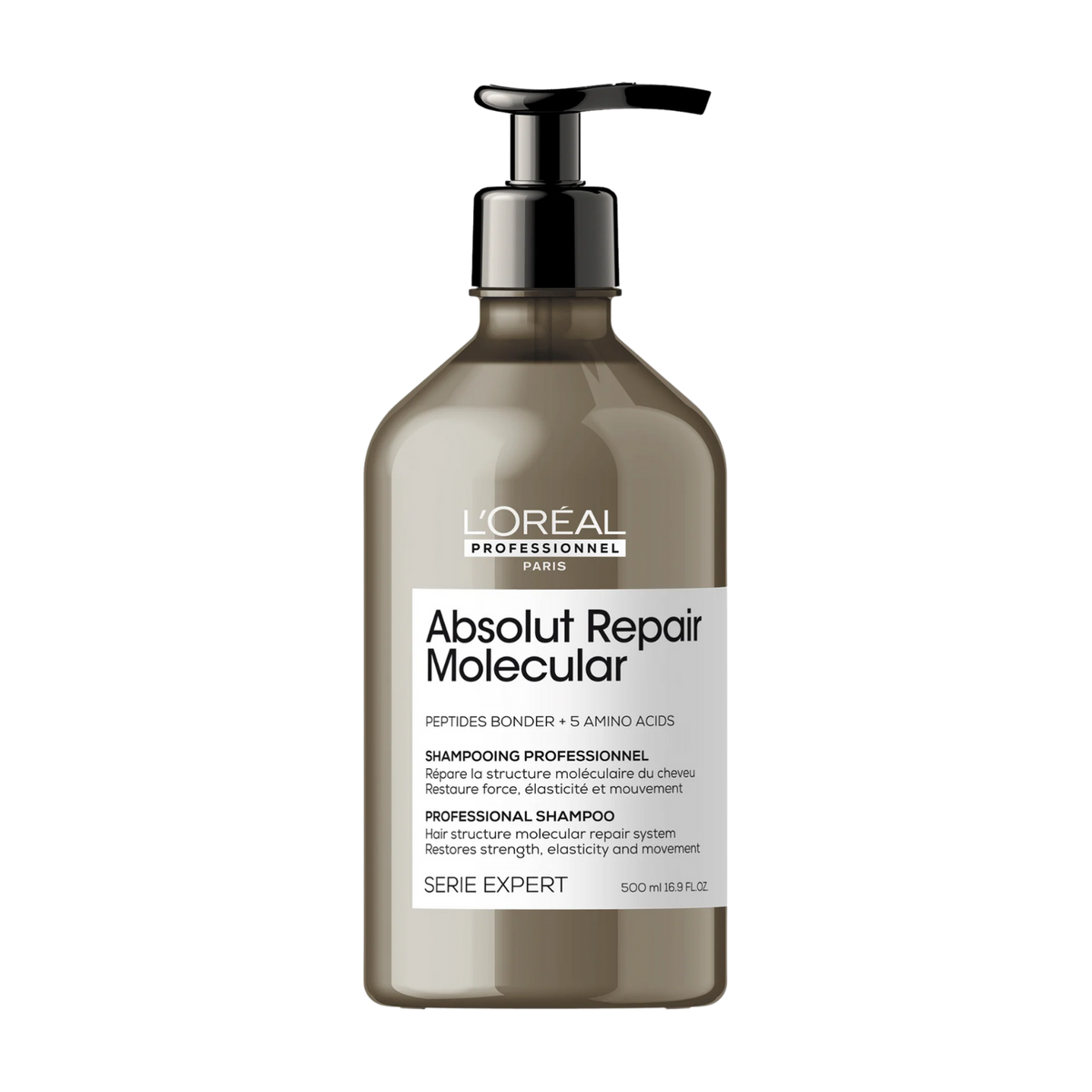 Flacon du Shampoing Réparateur Moléculaire Sans Sulfate Absolut Repair de L'Oréal Professionnel, soin capillaire pour cheveux abîmés.