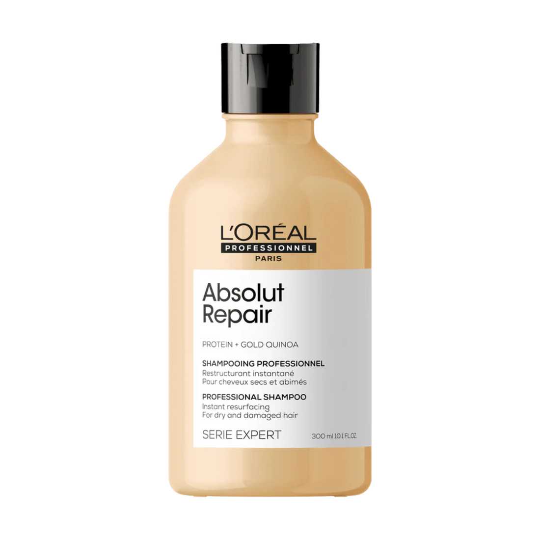 Flacon du Shampoing Restructurant Absolut Repair de L'Oréal Professionnel, soin capillaire pour cheveux très endommagés.