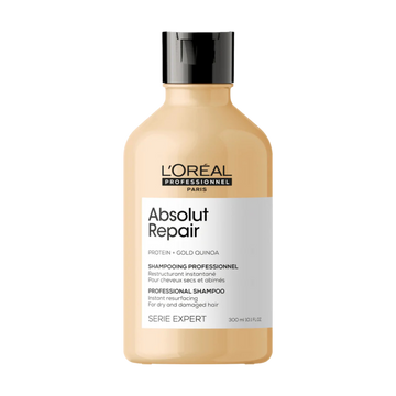Flacon du Shampoing Restructurant Absolut Repair de L'Oréal Professionnel, soin capillaire pour cheveux très endommagés.