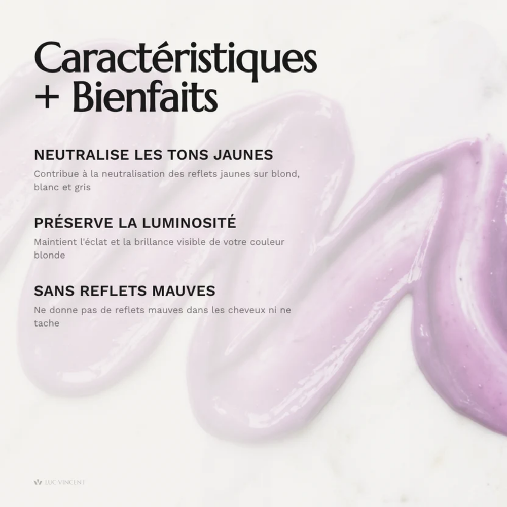 Shampoing Sans Yellow Luc Vincent flacon violet pour cheveux blonds gris décolorés anti-jaunissement