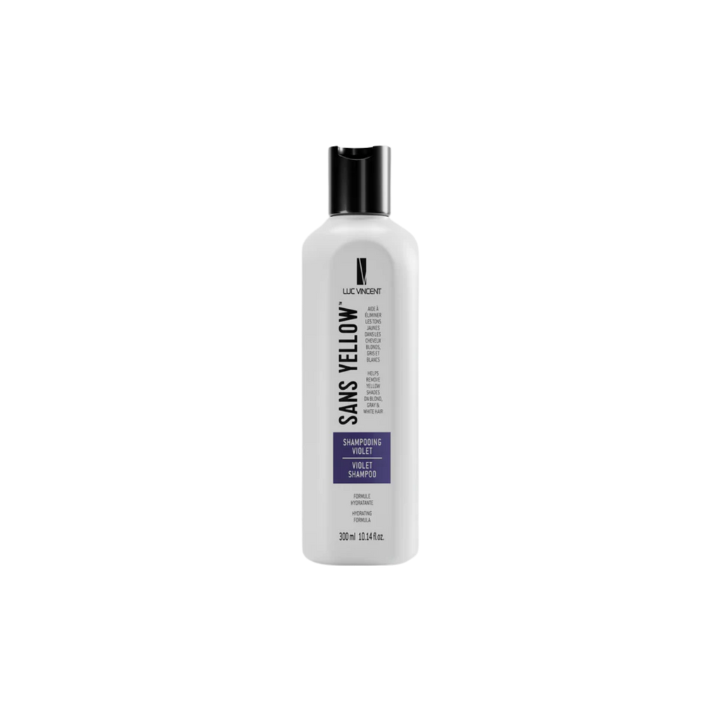 Shampoing Sans Yellow Luc Vincent flacon violet pour cheveux blonds gris décolorés anti-jaunissement