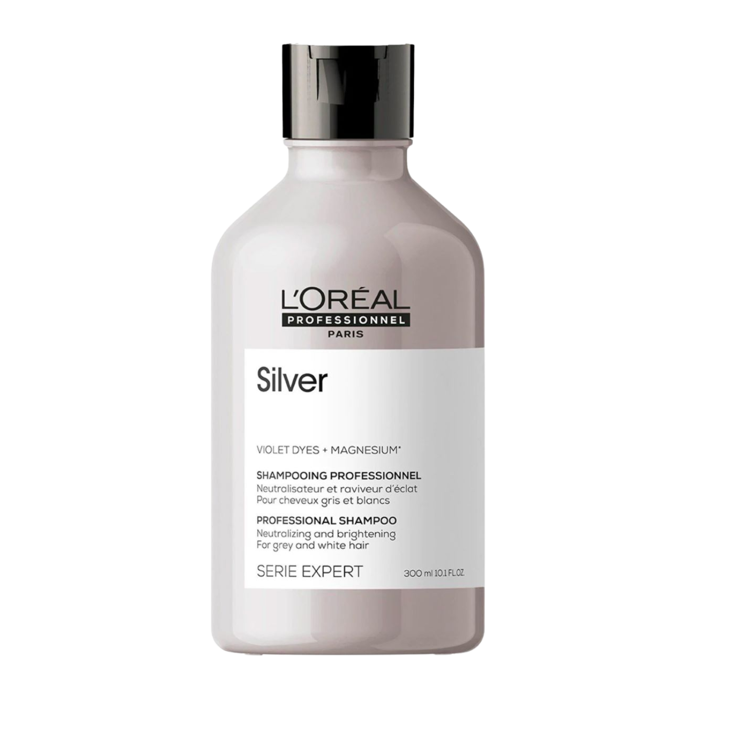 Flacon du Shampoing Silver L'Oréal Professionnel, soin capillaire pour cheveux gris, blancs ou blonds.
