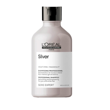 Flacon du Shampoing Silver L'Oréal Professionnel, soin capillaire pour cheveux gris, blancs ou blonds.