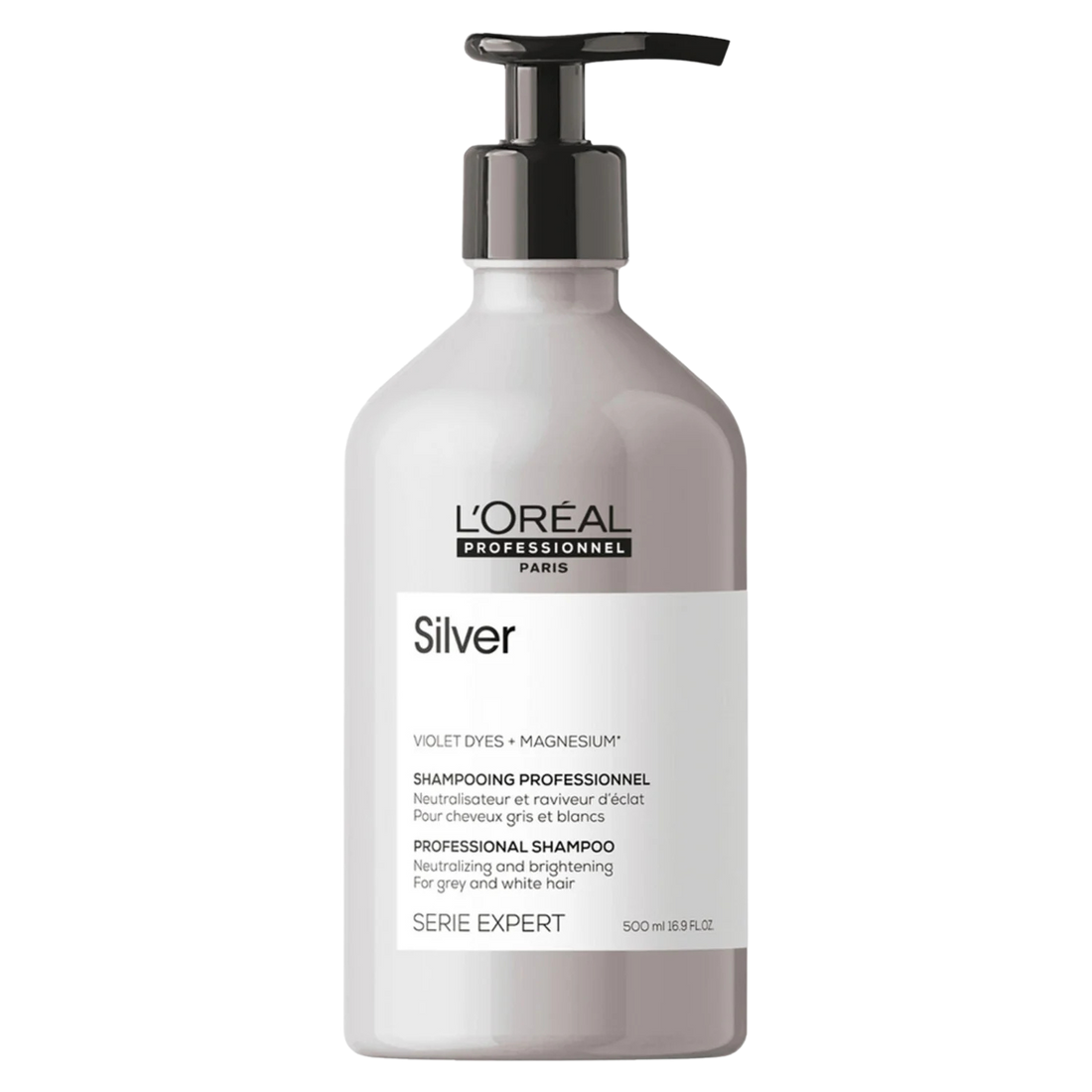 Flacon du Shampoing Silver L'Oréal Professionnel, soin capillaire pour cheveux gris, blancs ou blonds.