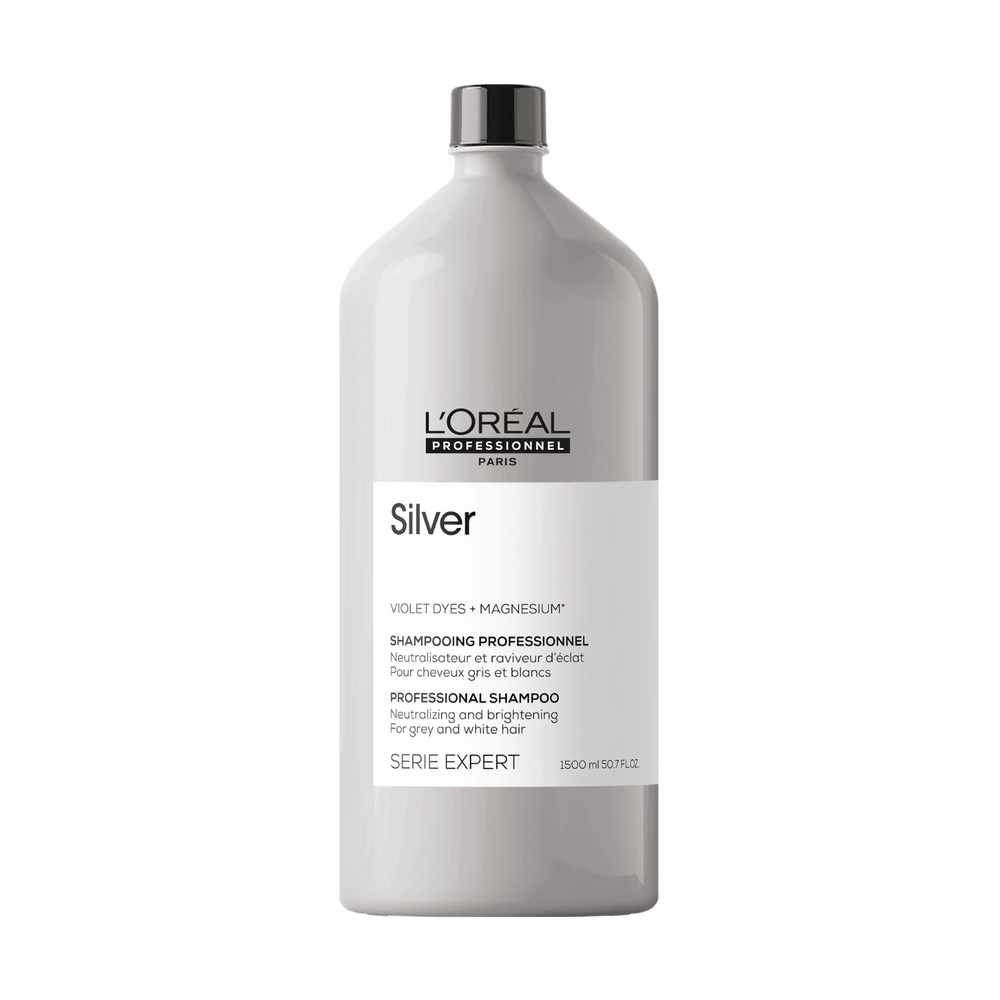 Flacon du Shampoing Silver L'Oréal Professionnel, soin capillaire pour cheveux gris, blancs ou blonds.