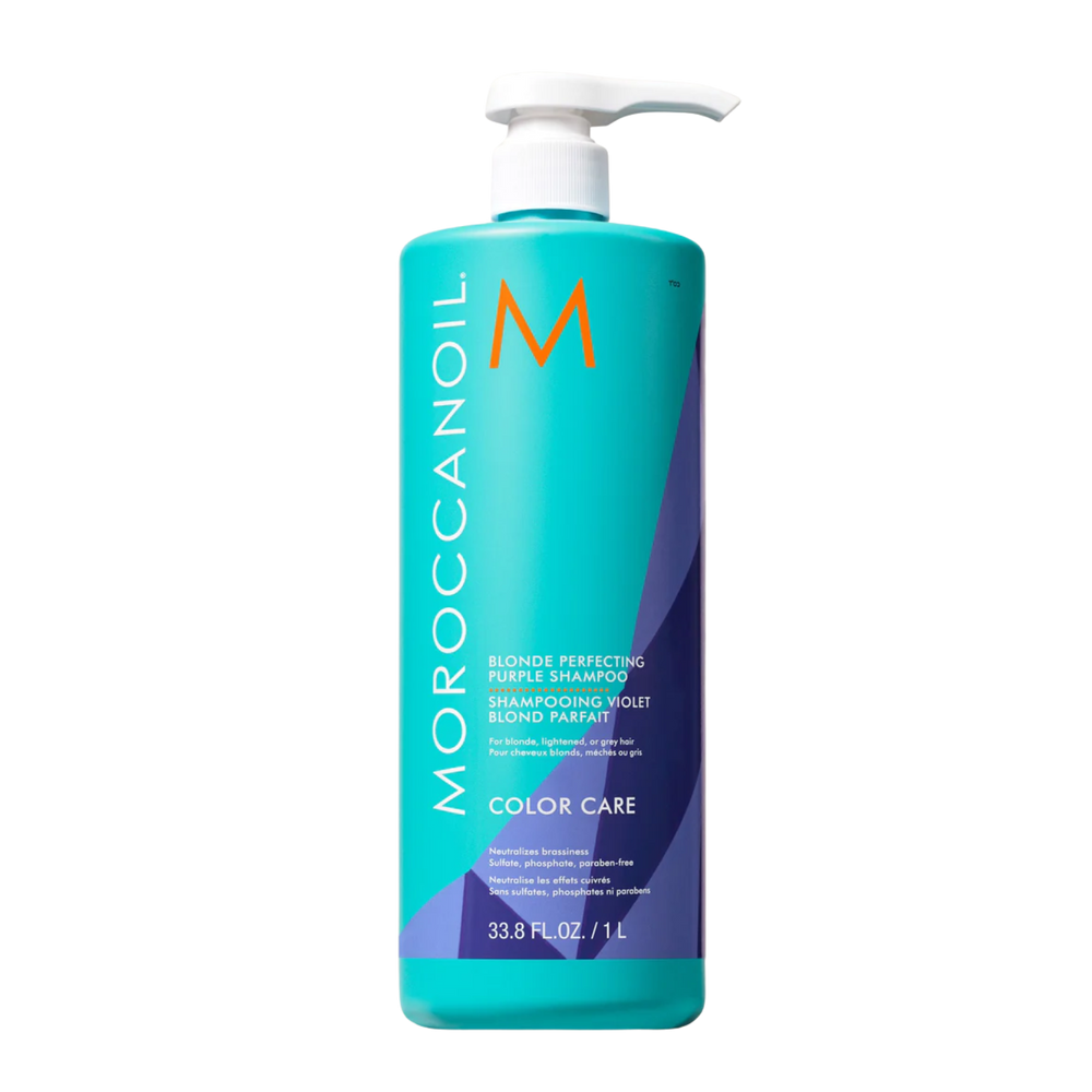 Flacon du Shampoing Violet Moroccanoil – fini violet, conçu pour neutraliser les reflets jaunes et garder les tons blonds frais.


