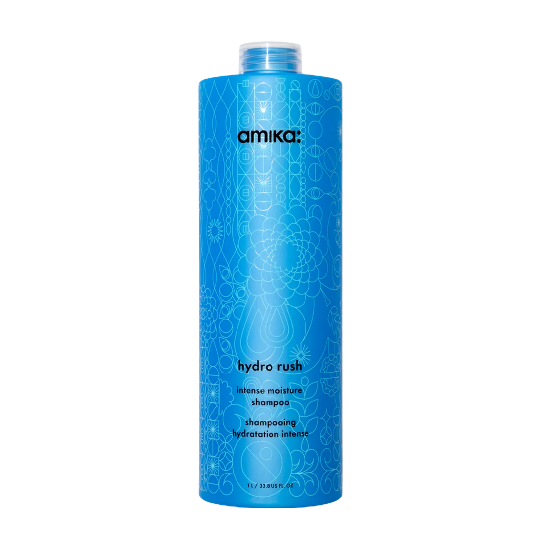 Flacon du shampoing amika Hydro Rush pour cheveux secs et hydratation intense


