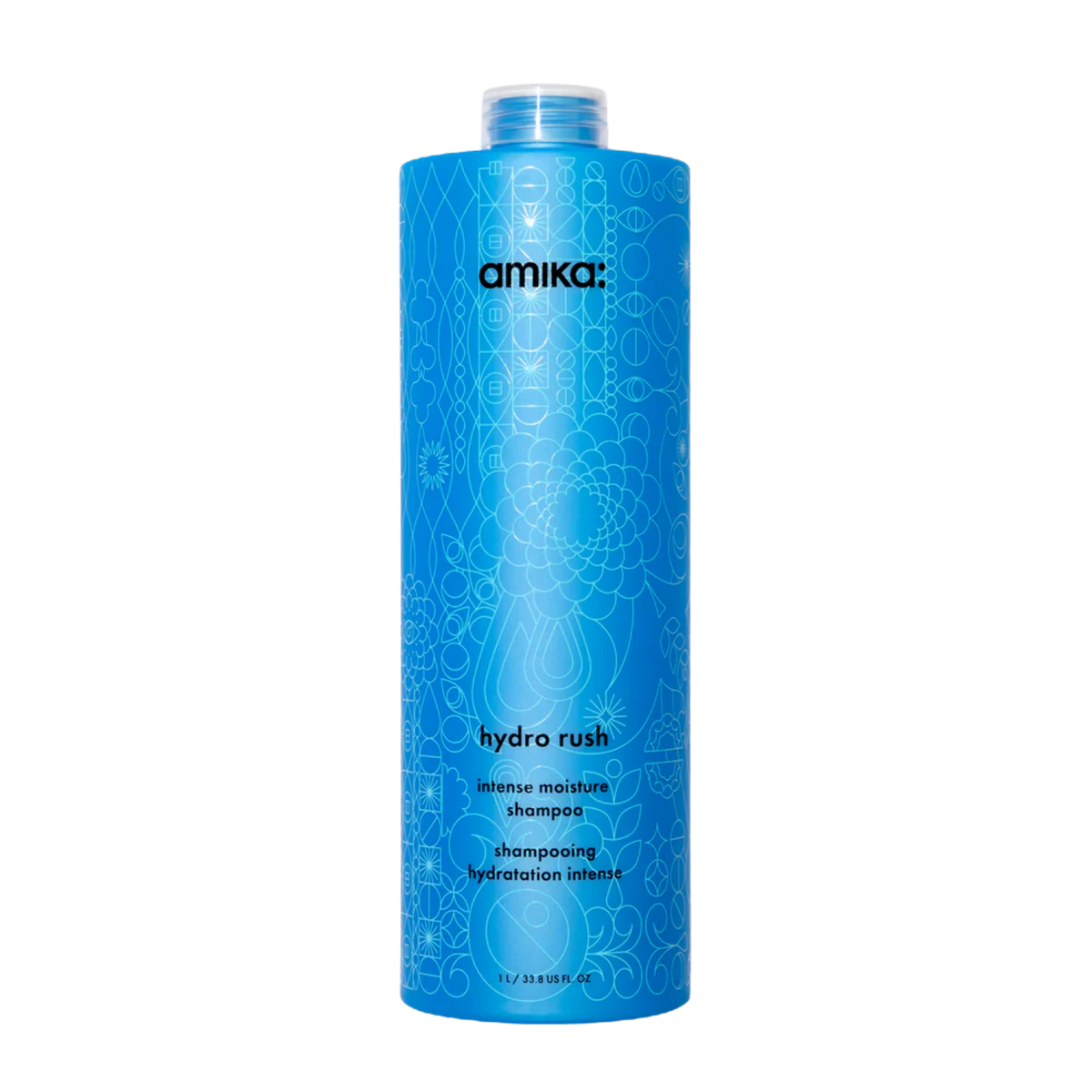 Flacon du shampoing amika Hydro Rush pour cheveux secs et hydratation intense

