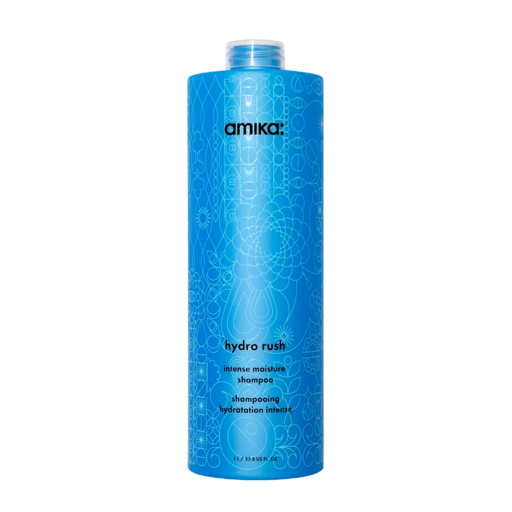 Flacon du shampoing amika Hydro Rush pour cheveux secs et hydratation intense


