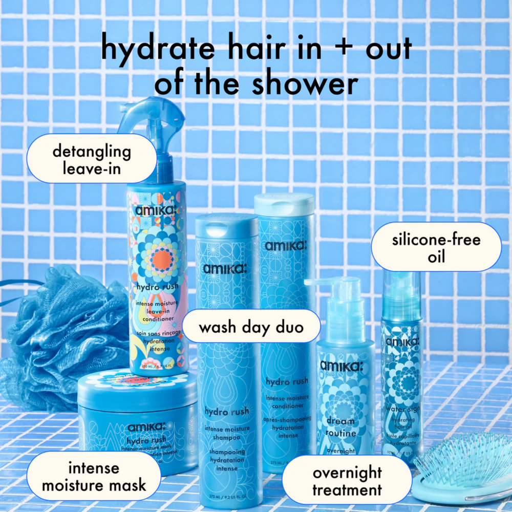 Flacon du shampoing amika Hydro Rush pour cheveux secs et hydratation intense

