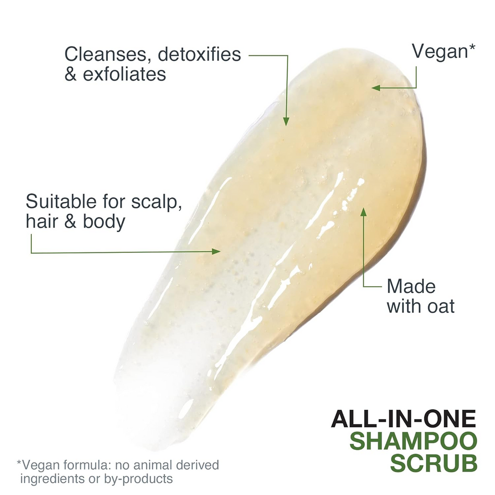 Flacon 250 ml du shampoing exfoliant Biolage All‑in‑One, label vegan, avoine et orange, texture moussante