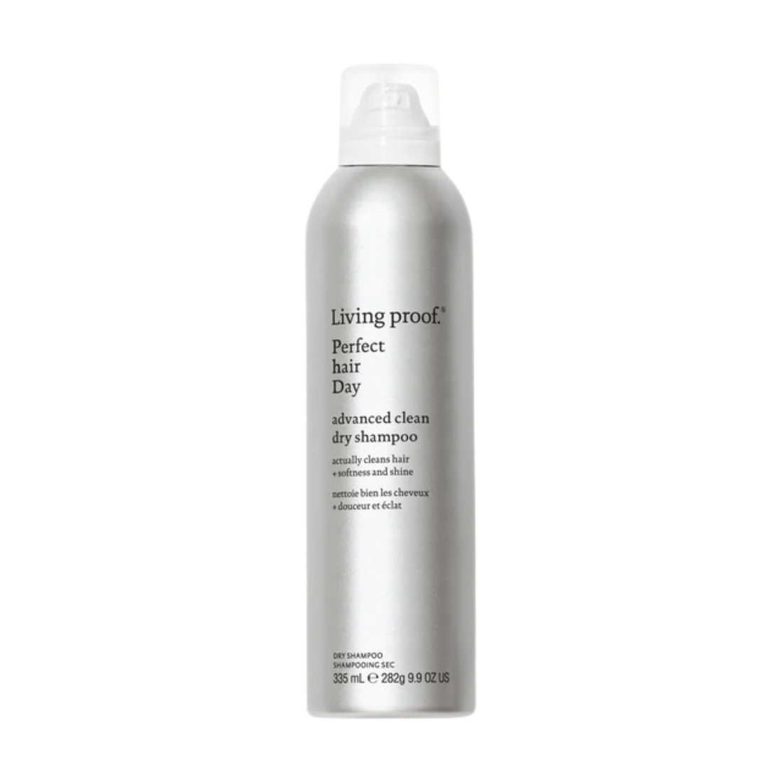 Flacon argenté du shampoing sec Advanced Clean de Living Proof posé sur fond neutre, symbolisant fraîcheur, propreté et légèreté.