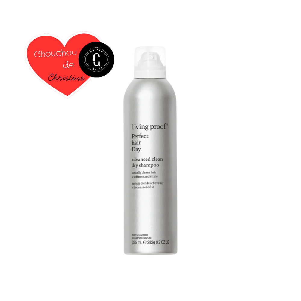 Flacon argenté du shampoing sec Advanced Clean de Living Proof posé sur fond neutre, symbolisant fraîcheur, propreté et légèreté.