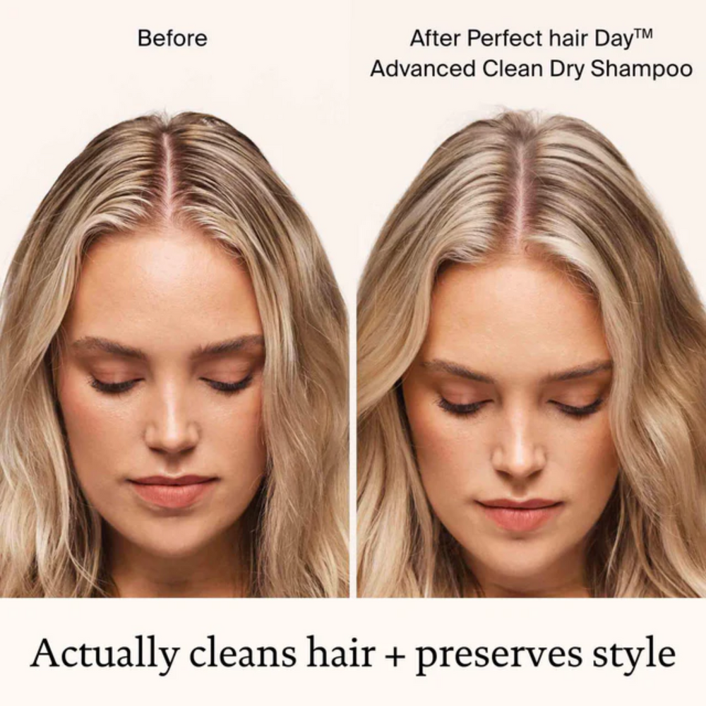 Flacon argenté du shampoing sec Advanced Clean de Living Proof posé sur fond neutre, symbolisant fraîcheur, propreté et légèreté.

