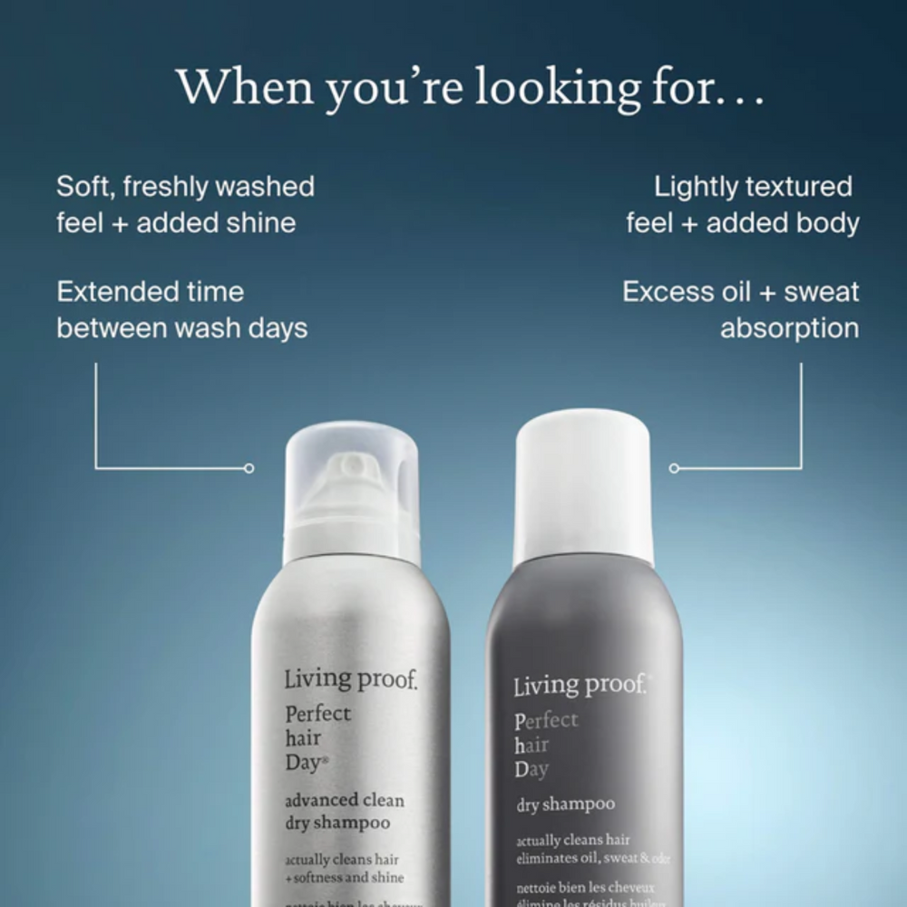 Flacon argenté du shampoing sec Advanced Clean de Living Proof posé sur fond neutre, symbolisant fraîcheur, propreté et légèreté.

